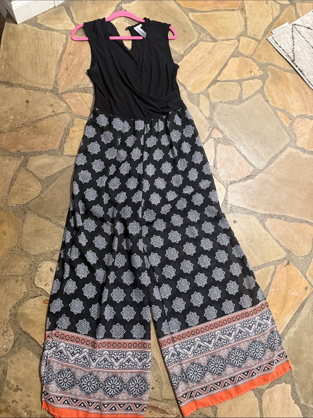 Emma & Michele Black Printed Wide-Leg Sleeveless Jumpsuit with Orange Border
